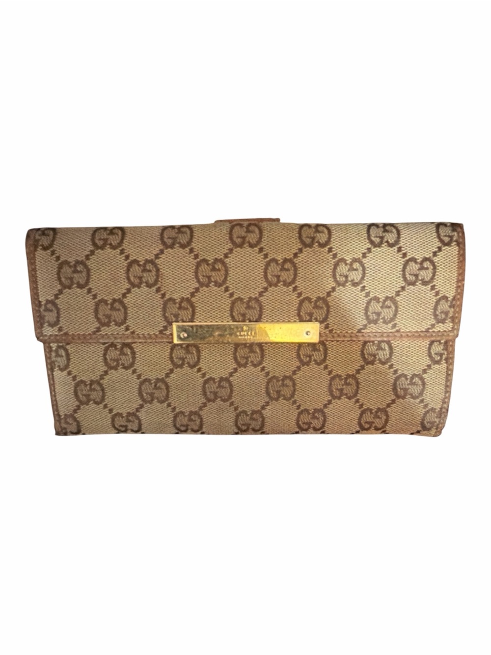Gucci Vintage GG Monogram Canvas Metal Bar Long Continental Wallet Tan